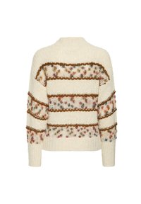 Cremefarvet strikket sweater med multicolor spraglet vandrette striber kantet med brun flettrim, vist fra bagsiden.