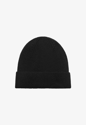 Gorro negro de punto con textura acanalada y puño doblado. Diseño sencillo, presenta una corona sin costuras y material suave y elástico.