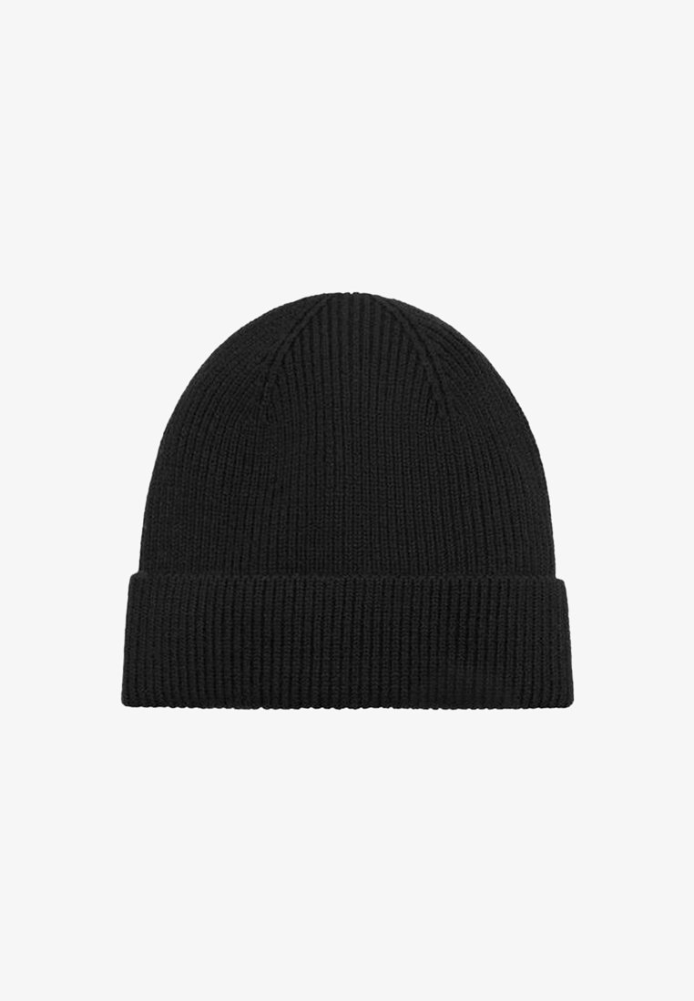 Cappello di lana nero a maglia con texture a coste e risvolto pieghevole. Design semplice, con corona senza cuciture e materiale morbido ed elastico.