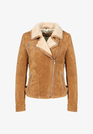 Bruine suède jas met een zachte, crème-kleurige nepbontkraag, met ritszakken en zilveren details, gezien van voren.