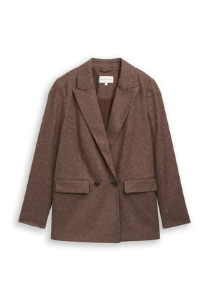 Blazer en laine marron avec revers à crans, boutons croisés, deux poches à rabat devant et manches longues, posé à plat sur fond blanc.