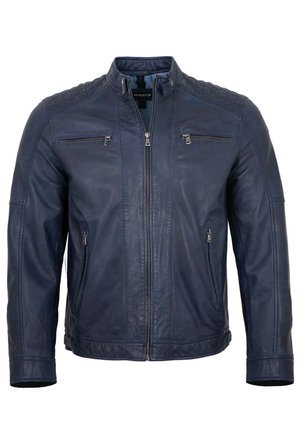 Navy blue leather jacket with zippered front, two chest pockets, two lower pockets, and quilted shoulder detailing.