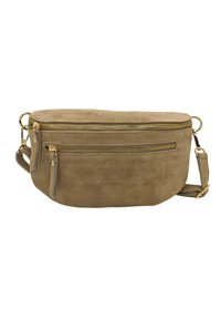 Sac bandoulière en daim marron de forme arrondie, doté de deux compartiments zippés et d'accents en métal doré. Sangle réglable incluse.