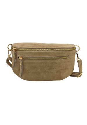 Sac bandoulière en daim marron de forme arrondie, doté de deux compartiments zippés et d'accents en métal doré. Sangle réglable incluse.