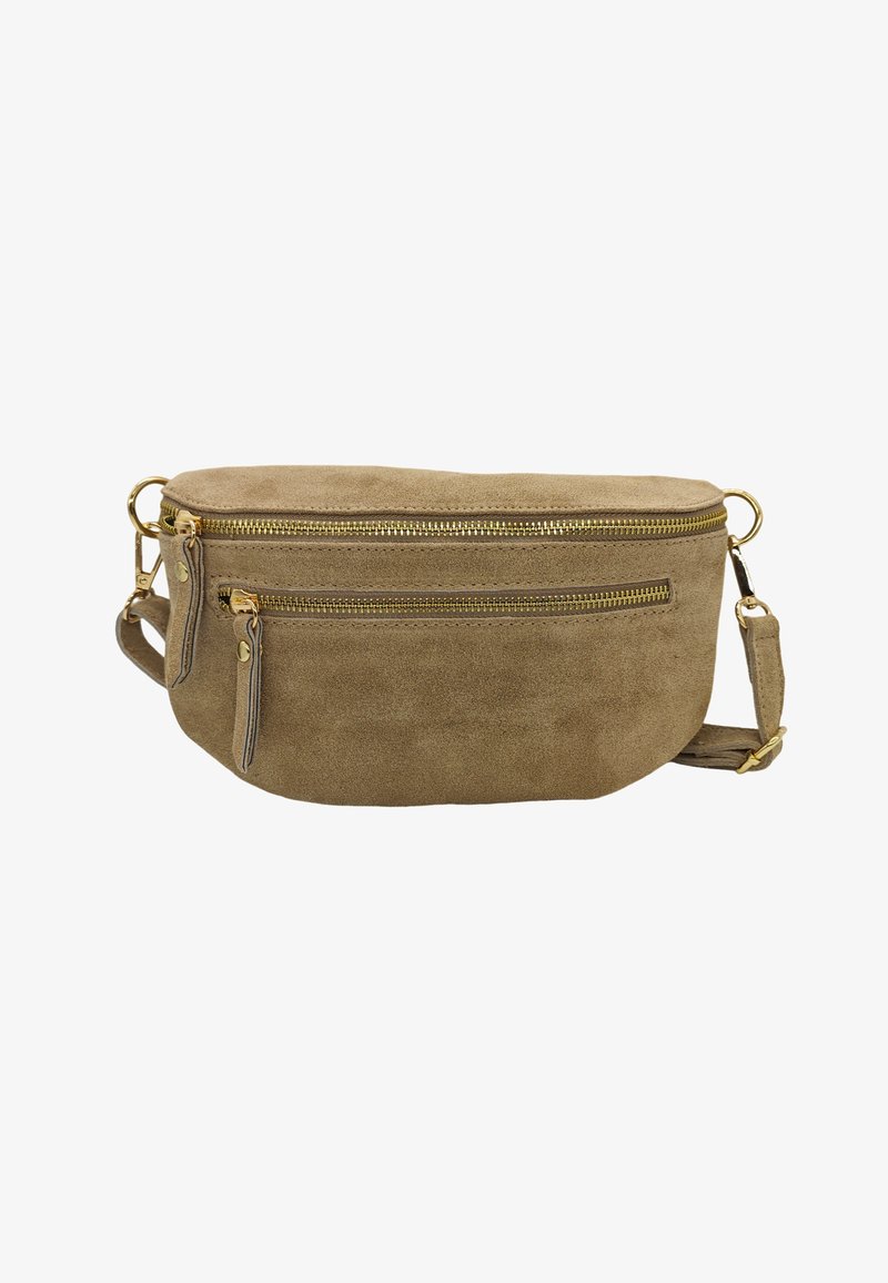 Sac bandoulière en daim marron de forme arrondie, doté de deux compartiments zippés et d'accents en métal doré. Sangle réglable incluse.