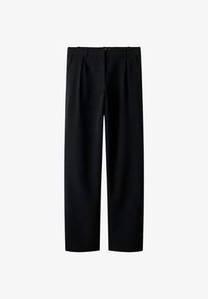 Zwarte broek met een rechte pijp, gemaakt van soepel materiaal. Heeft twee voorkanten zakken en een klassiek tailleband ontwerp.