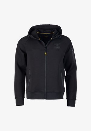 Musta vetoketjullinen huppari, joka on valmistettu pehmeästä kankaasta. Siinä on huppu, etutaskut ja rinnassa logo, jossa on keltaisia yksityiskohtia.