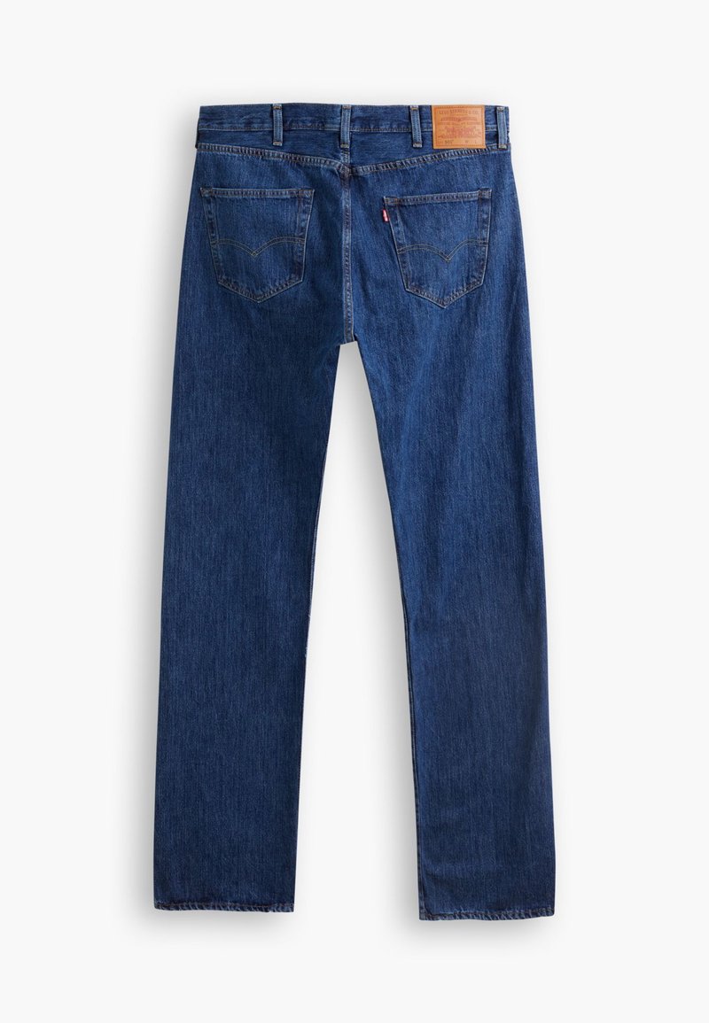 Jeans en denim bleu avec une coupe droite, dotés d'un patch en cuir, de deux poches arrière et d'un design classique à cinq poches.