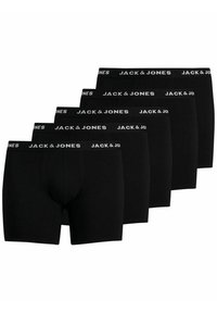Crne bokserice s uskim fitom, sa širokim elastičnim pojasom označenim "JACK & JONES." Set od pet komada. Glatka tekstura, jednobojne.