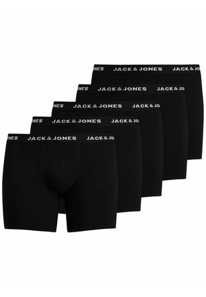 Schwarze Boxer-Briefs mit engem Sitz, ausgestattet mit einem breiten elastischen Bund, der mit "JACK & JONES" beschriftet ist. Set aus fünf Stück. Glatte Textur, einfarbig.
