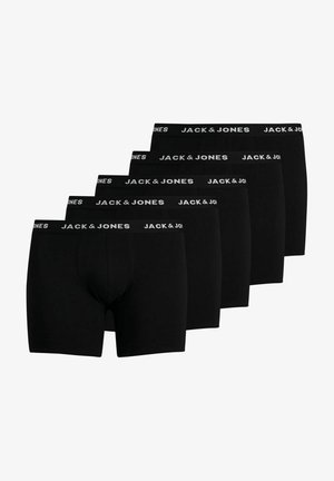 Mustat bokserit, joissa on tiukka istuvuus ja leveä joustava vyötärö, jossa lukee "JACK & JONES". Viiden pakkaus. Sileä pinta, tasainen väri.