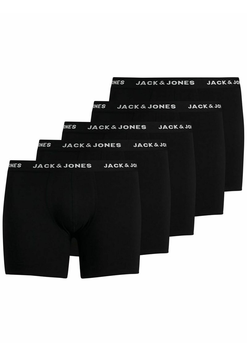 Crne bokserice s uskim fitom, sa širokim elastičnim pojasom označenim "JACK & JONES." Set od pet komada. Glatka tekstura, jednobojne.