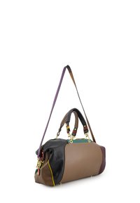 Shoulder bag in mixed leather; features brown, black, and purple panels with green accents. Gold hardware and dual handles included.
