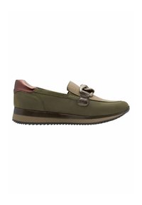 Olive green loafer with beige front, metallic bronze strap with chain detail, bronze heel patch, and ridged sole.