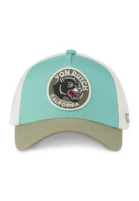 Casquette de camionneur avec une face vert menthe, une visière beigne et des panneaux en mesh blancs. Présente un patch brodé circulaire avec un graphique de panthère noire.