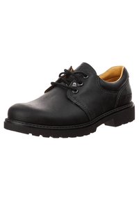 Scarpa in pelle nera con punta arrotondata, chiusura con lacci e dettagli di cucitura. Interno imbottito con suoletta in gomma testurizzata per una maggiore aderenza.