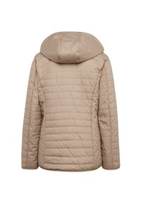 Beige gesteppte Jacke mit Kapuze, glatter Außentextur, sichtbaren Nähten und geradem Schnitt in hüftlanger Ausführung.