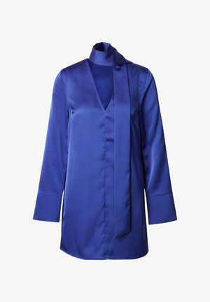 Long-sleeve tunic in royal blue satin with deep V-neckline and a tie at the collar. Features wide cuffs and a relaxed fit.