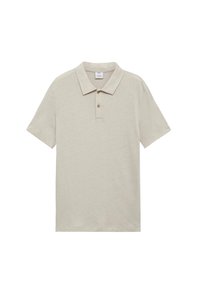 Polo beige de algodón suave, con cuello clásico, tapeta de dos botones y mangas cortas. Acabado simple y texturizado.