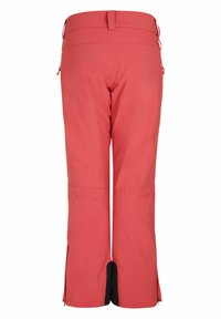 Pantaloni da sci rossi con vita alta, cerniere laterali e dettagli neri ai bordi. Il tessuto appare liscio con una leggera lucentezza.
