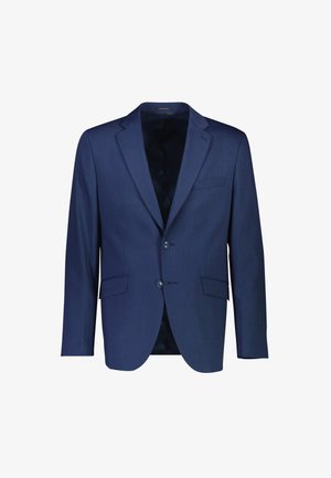 Blazer blu navy con chiusura a due bottoni, rever a punte e due tasche frontali. Realizzato in tessuto testurizzato con una fodera liscia.