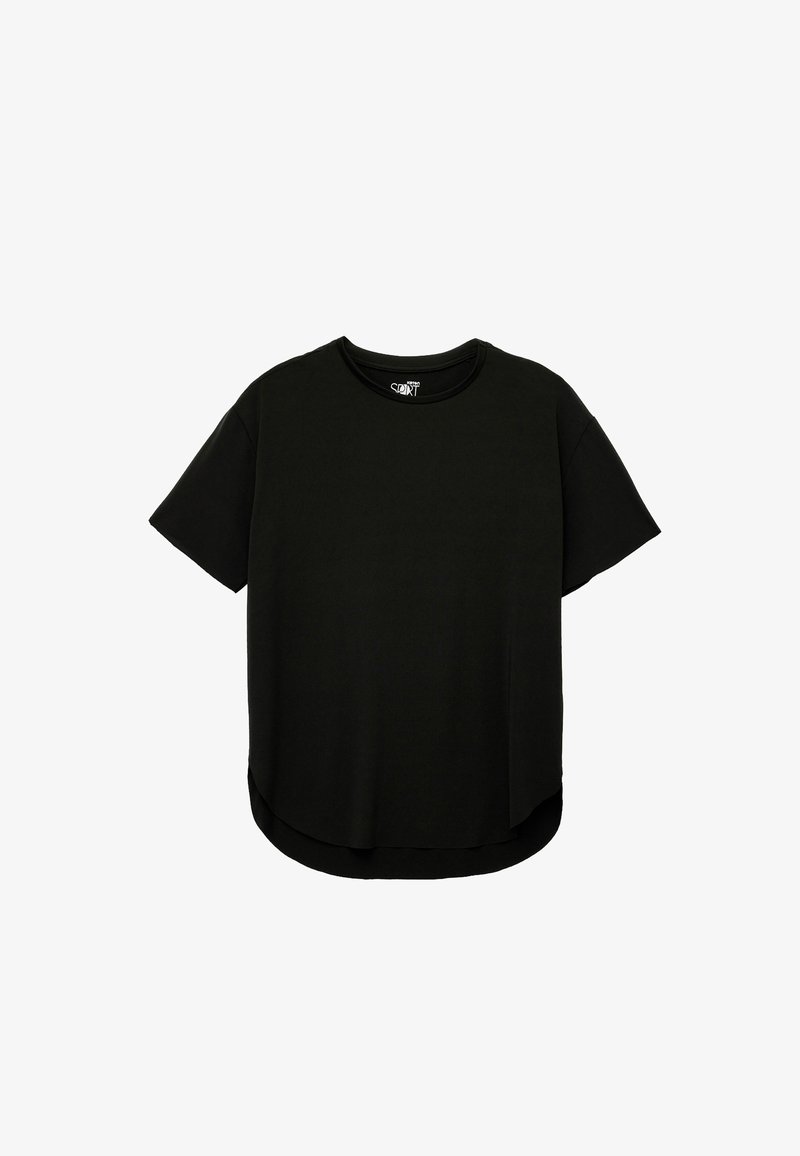 Schwarzes T-Shirt mit kurzen Ärmeln, rundem Halsausschnitt, leicht tailliertem Saum und glatter Stoffstruktur. Keine Muster oder Hardwaredetails.