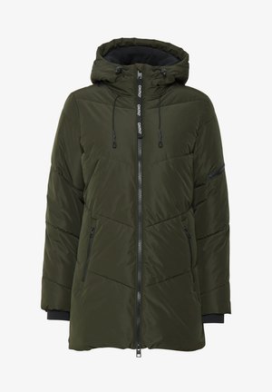 Padded olive green coat with a hood, zipper closure, and black accents. Features diagonal stitching and a side pocket for storage.