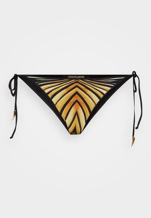 Parte inferiore di bikini nera con un audace motivo a strisce di tigre in tonalità di arancione e giallo, con lacci regolabili e dettagli in metallo dorato.