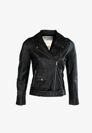 Black leather motorcycle jacket with a double-breasted design, zippered pockets, and a belted hem. Features smooth texture and silver hardware.