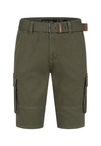Olijf groene cargoshorts gemaakt van duurzaam materiaal, voorzien van een riem met een bruine accent, zijzakken en een recht gesneden ontwerp.