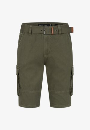 Olivenfargede cargo-shortser laget av slitesterkt materiale, med et belte med brunt accent, sidelommer og en rett kutt-design.