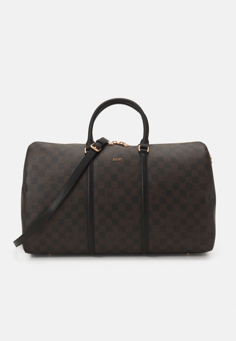 Ruskea ruudullinen matkabag, jossa on mustat nahka-akcentit. Varustettu kaksoiskahvoilla ja irrotettavalla olkahihnalla. Kultaiset hardware-yksityiskohdat.