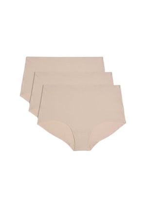 Beige katoenen onderbroekjes in een verpakking van drie. Hoge taille ontwerp met een gladde textuur en zonder patronen of versieringen.