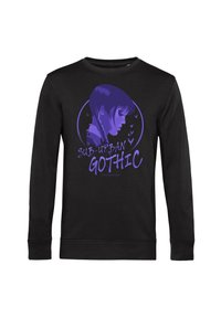 Maglietta nera a maniche lunghe con grafica viola del profilo laterale di una ragazza, capelli intrecciati, pipistrelli in volo e testo "Sub-Urban Gothic" sul davanti.