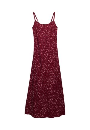 Robe longue rouge sans manches avec fines bretelles doubles et petit motif floral blanc.