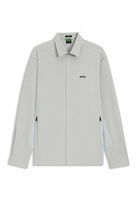 Light gray jacket with a collared neckline. Features a subtle "BOSS" logo, side zippers, and mesh detailing on the inside.