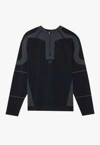 Svart långärmad topp med dragkedja vid halsen, med grå randiga detaljer och texturerade paneler på axlarna och sidorna.