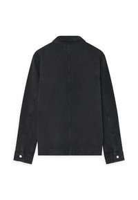 Black denim jacket with a pointed collar, long sleeves, and two snap-button cuffs. The back features a smooth texture and minimal design.