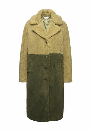 Sherpa coat in dual shades of olive green and light tan, featuring a collar, front buttons, and a textured finish.