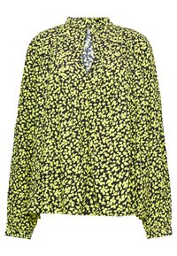 Květinová blůza s černým pozadím a jasně žlutými květy. Obsahuje výstřih ve tvaru klíčové dírky a dlouhé rukávy s nařasenými detaily.