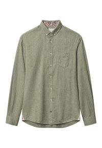 Camicia a maniche lunghe verde oliva con colletto botton down, taschino frontale e collo interno a motivo. Tessuto morbido con una finitura leggermente strutturata.