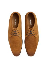 Brown suede shoes with a smooth texture, pointed toe, and blue laces, featuring a low profile and branded insole.