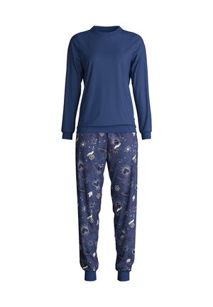 Maglietta a maniche lunghe blu navy e pantaloni da pigiama con motivi cosmici in vari colori, dotati di polsini e cintura elasticizzati.