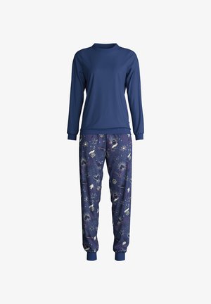 Maglietta a maniche lunghe blu navy e pantaloni da pigiama con motivi cosmici in vari colori, dotati di polsini e cintura elasticizzati.
