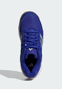 Baskets de sport bleues avec tige en mesh, bout rond et œillets renforcés. Présente des rayures grises et une semelle en caoutchouc texturé.