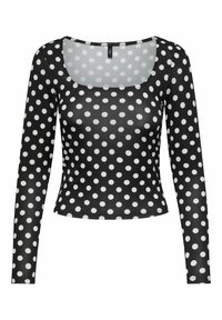 Top nero a maniche lunghe con scollatura quadrata, realizzato in un materiale liscio, caratterizzato da pois bianchi e un design aderente.