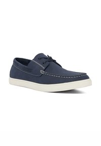Navy blue leather shoes with white stitching and laces. Features a rounded toe and a white rubber sole. Designed for casual wear.