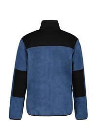 Giacca in pile blu con dettagli neri sulle spalle e sulle maniche. Collo alto, superficie testurizzata e due tasche laterali. Design casual.