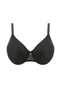 Reggiseno nero con un motivo in pizzo testurizzato. Spalline sottili e regolabili e un piccolo elemento decorativo al centro. Tessuto liscio e opaco.