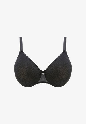 Sort bh med et tekstureret blondermønster. Tynde justerbare stropper og en lille dekorativ detalje i midten. Glat, uigennemsigtig stof.